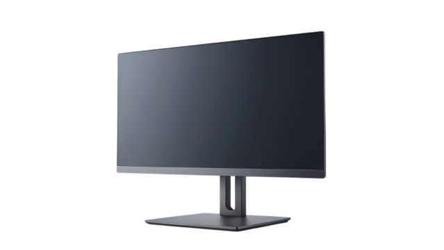 Sleek modern black flat-panel computer monitor with a transparent background, featuring a minimalist stand and a professional, elegant design. - Powered by Adobe