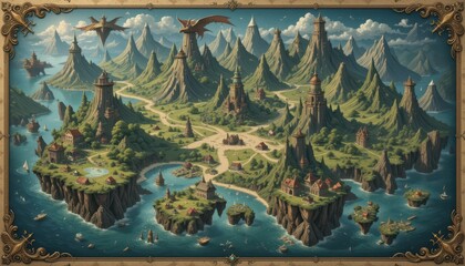 Obraz premium Fantasy Island Landscape with Mountains, Castles, and Dragons