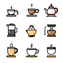 Coffee and tea icons, cafe, drink, illustration, design, beverage, set, vector