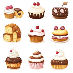 Delicious Assortment of Sweet Cakes and Cupcakes, Bakery Treats on White