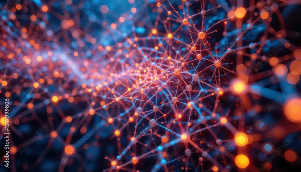 Poster abstract network connections with bright nodes and digital glow
