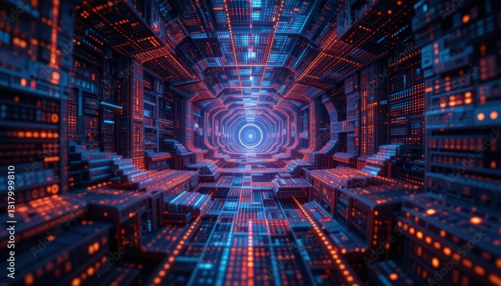 Poster futuristic abstract tunnel of glowing data connections and patterns