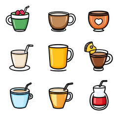 Colorful Cartoon Beverage Cups Collection, Coffee, Tea, Smoothies, Drinks