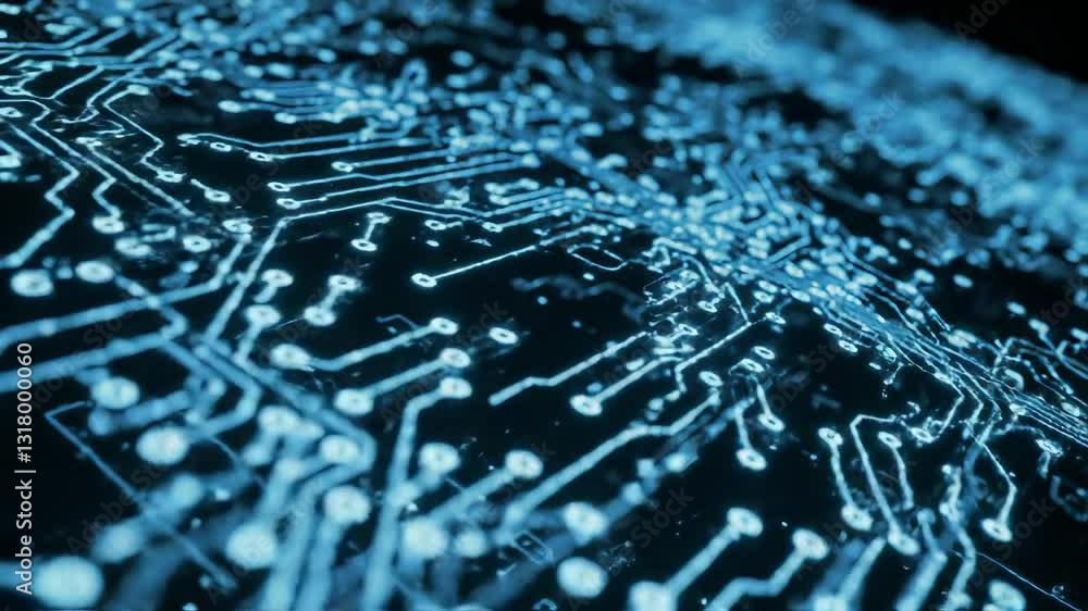 Poster intricate close-up of a blue circuit board with detailed patterns and connections, highlighting mode