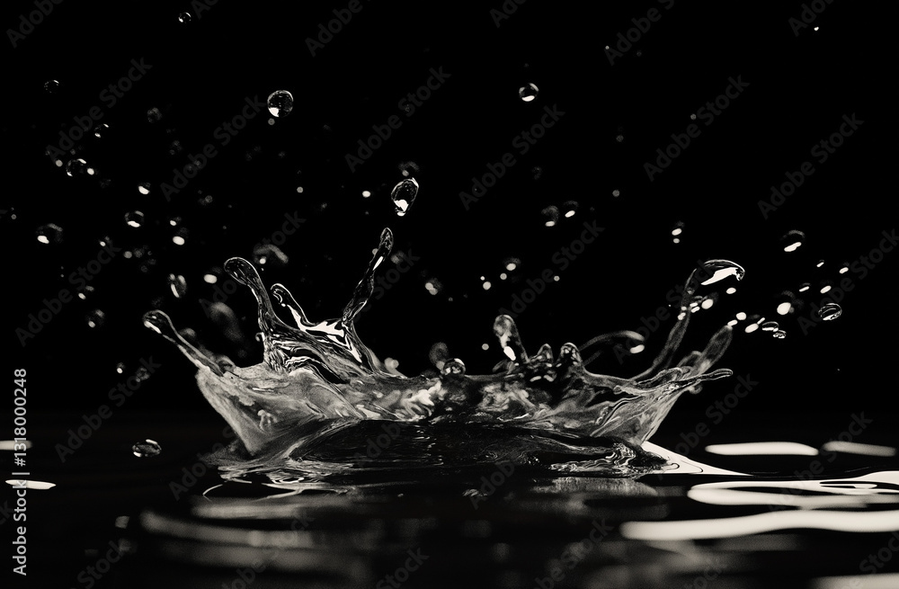 Poster water splashing in slow motion on a black background, 3d rendering, vector illustration with a white