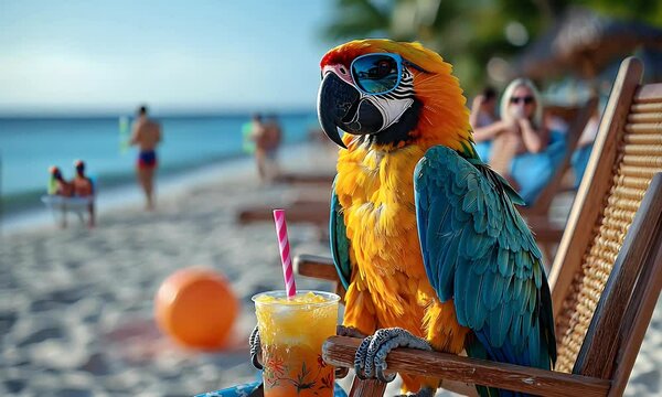 Tropical Parrot In Sunglasses With Drink On Beach