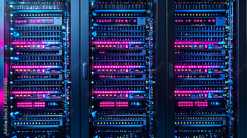 Poster dark server room with pink and blue lights illuminating complex network hardware infrastructure for 