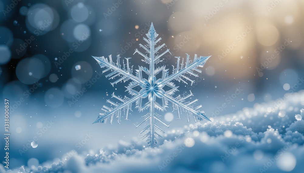 Poster crystal snowflake on sparkling winter snow with soft background