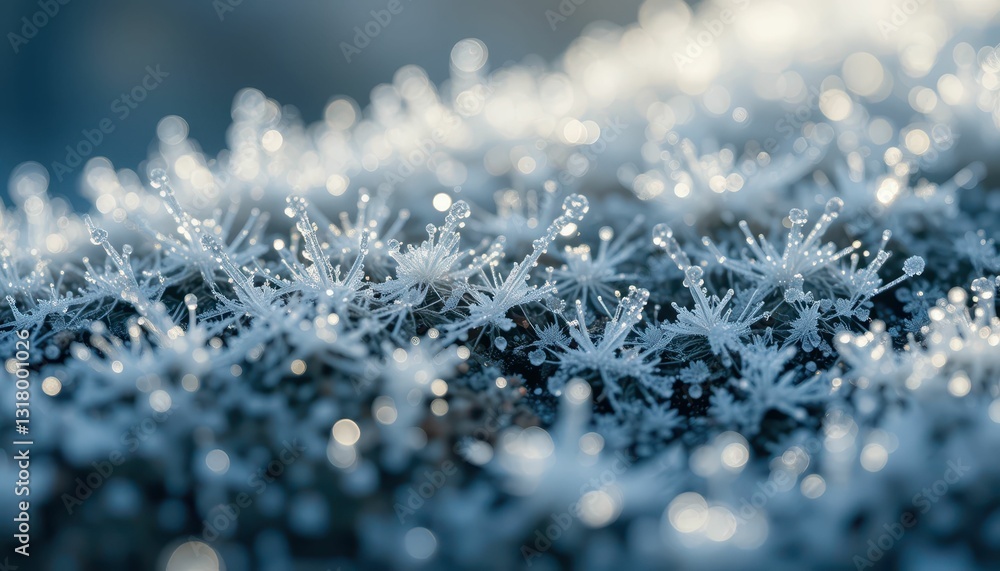 Poster delicate frost patterns on surface with sparkling ice crystals