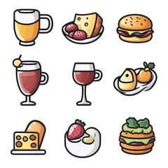 Assorted Food and Drink Icons: Beer, Wine, Cheese, Burger, and More