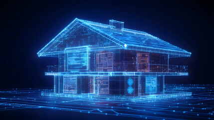 Glowing Blue Digital House With Futuristic Wireframe Design On Dark Blue Background In Modern Smart Home Automation Concept