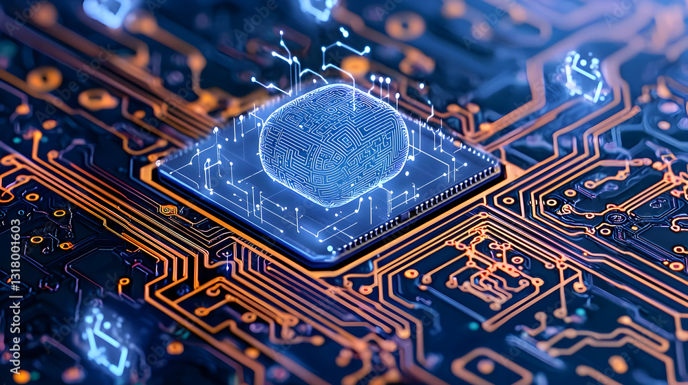 Poster futuristic circuit board with glowing blue microchip and orange traces close up 3d render
