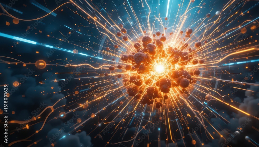 Poster abstract explosion with energy rays and particles in dark space