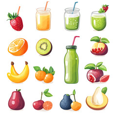 Assortment of Fresh Fruit Juices and Sliced Fruit on White