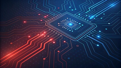 Obraz premium Futuristic Microchip with Blue and Red Circuit Board Connections in Digital Technology