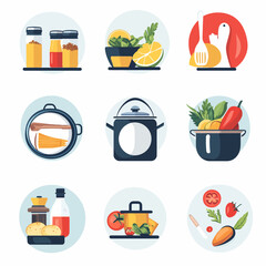 Kitchen cooking illustration with spices, vegetables, pot and ingredients.
