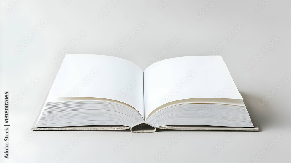 Poster open book with blank white pages laying flat on a white surface with a neutral background showing th