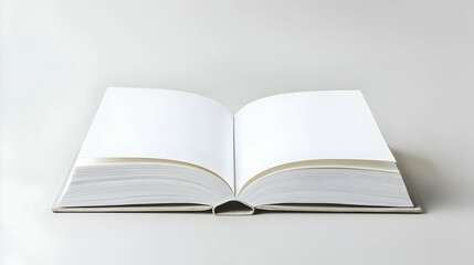 Fototapeta premium Open Book with Blank White Pages Laying Flat on a White Surface with a Neutral Background Showing the Inside of an Open Book in a Studio Setting