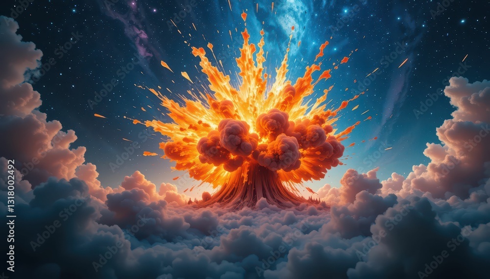 Poster massive explosion in a colorful cloudy sky with stars and nebula