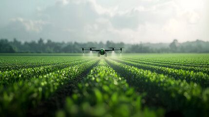 Agricultural Drone Spraying Pesticides Over Lush Green Crops in a Serene Environment