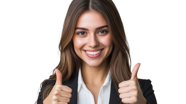 Happy businesswoman showing thumbs up, smiling nicely, isolated on transparent background.