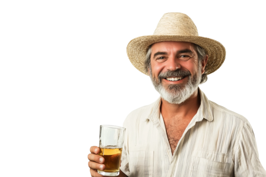 happy and smiling man, wearing farm clothes, holding a glass of cachaÃ§a in his hand, on a white background
