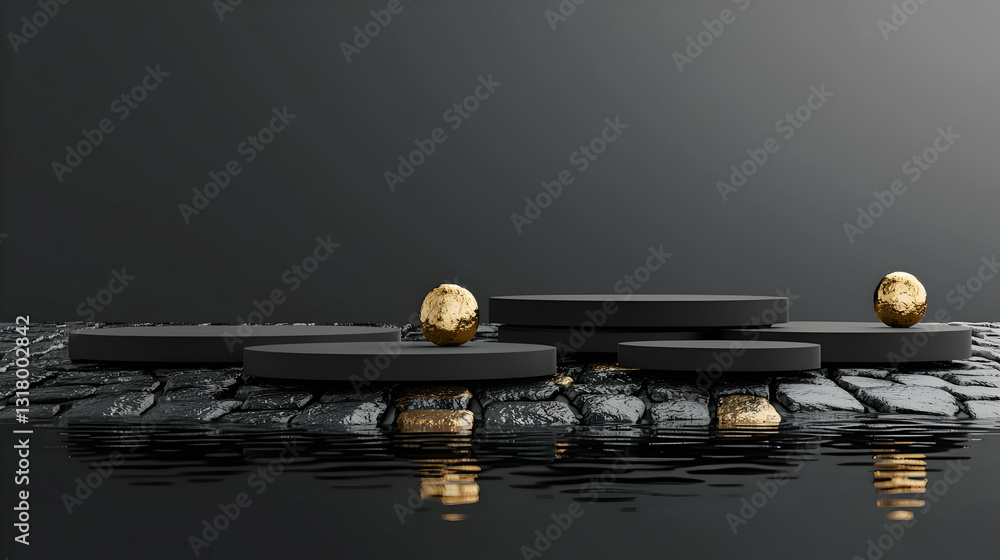 Poster elevated black rectangular podiums with gold spheres on textured stone surface with water reflection
