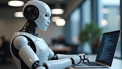 Close up shows an artificial intelligence AI robot in an office setting, writing code on a laptop while seated at a table.

