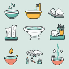 Spa Icon Set: Bath, Soaps, Candles, Plants, Relaxation, Self-Care