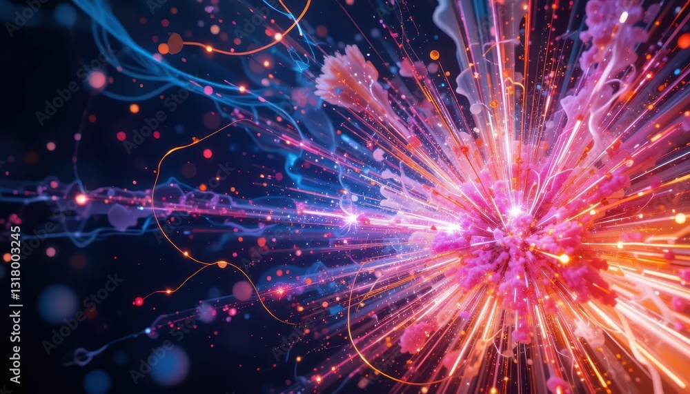 Poster colorful abstract explosion with light effects and particle flow