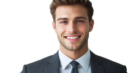 Portrait of a smiling young businessman in suit, professional headshot, isolated on transparent background.