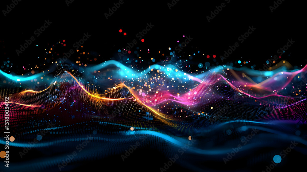 Aufkleber dynamic abstract digital art colorful particles and waves with glowing light effects on a dark backg