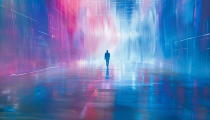 Innovative business leader navigates through a cutting edge office environment of the future