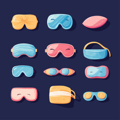 Various Eye Masks for Sleep, Rest, and Relaxation on Dark Blue Background