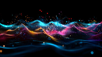 Fototapeta premium Dynamic Abstract Digital Art Colorful Particles And Waves With Glowing Light Effects On A Dark Background Modern Futuristic Technology Design