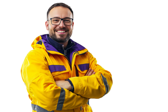 happy and smiling man, wearing yellow construction clothing with purple details, with his arms crossed, on a white background