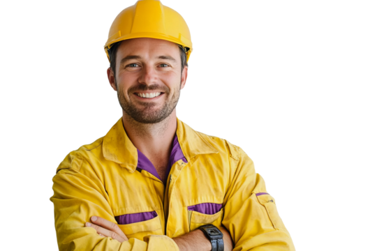 happy and smiling man, wearing yellow construction clothing with purple details, with his arms crossed, on a white background