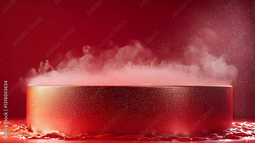 Poster elegant red abstract scene with golden circular podium and floating smoke displaying luxurious produ