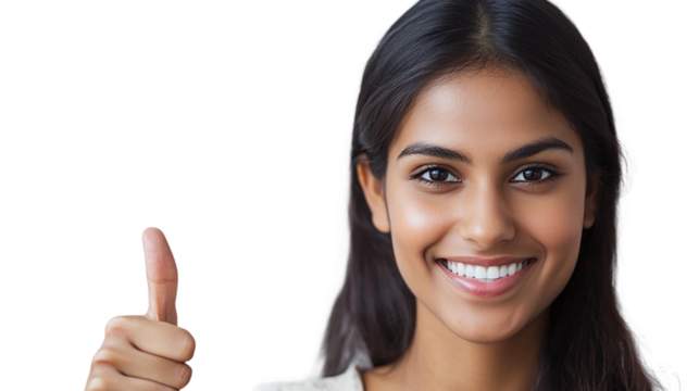 Portrait of a smiling indian woman showing thumb up, isolated on transparent background.