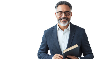Portrait of a smiling businessman holding a book and wearing a glasses, isolated on transparent background.