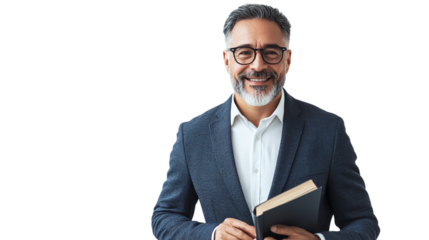 Portrait of a smiling businessman holding a book and wearing a glasses, isolated on transparent background.