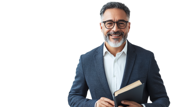 Portrait of a smiling businessman holding a book and wearing a glasses, isolated on transparent background.