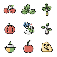 Colorful Food and Plants Icon Set for Graphic Design or Menu