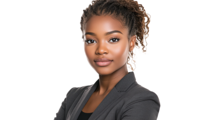 Professional headshot of a businesswoman, front view, isolated on transparent background.