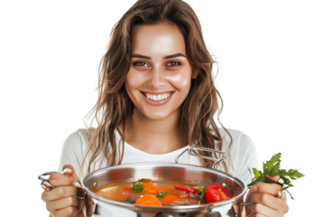 happy and smiling woman, holding a pot of delicious soup in her hands, on a white background