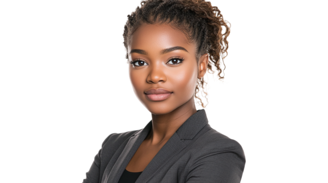 Professional headshot of a businesswoman, front view, isolated on transparent background.