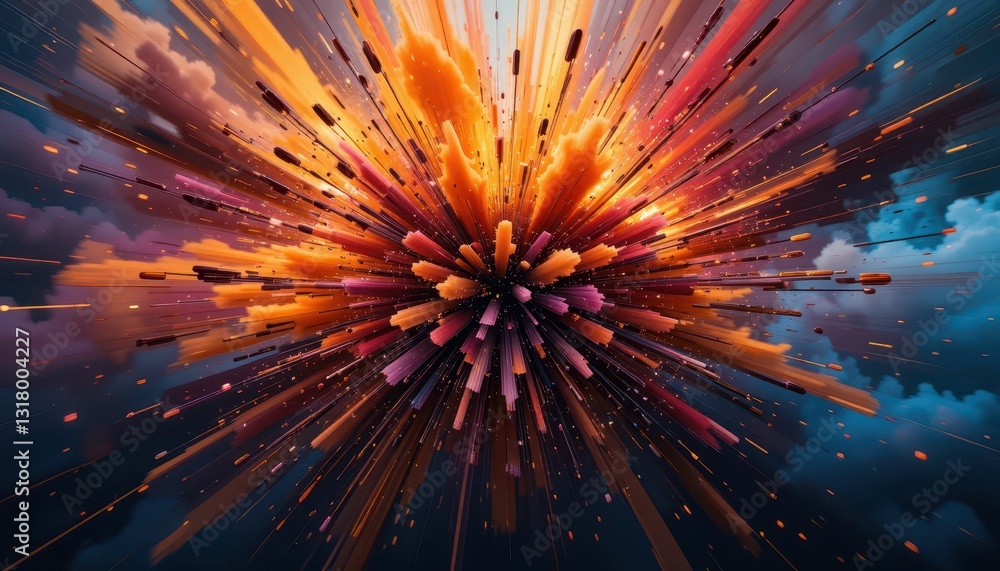 Poster abstract explosion of colorful rays and dynamic vibrations in space