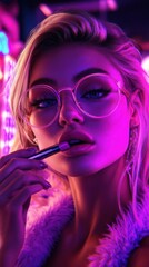 Fototapeta premium Close-up digital illustration of a stylish person applying lipstick, wearing transparent glasses and a fur coat