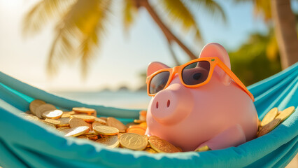 Playful piggy bank in sunglasses relaxing in a hammock among golden coins with a tropical beach backdrop at sunset