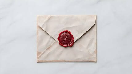 Antique Envelope Sealed With Red Wax On White Marble Surface Top View